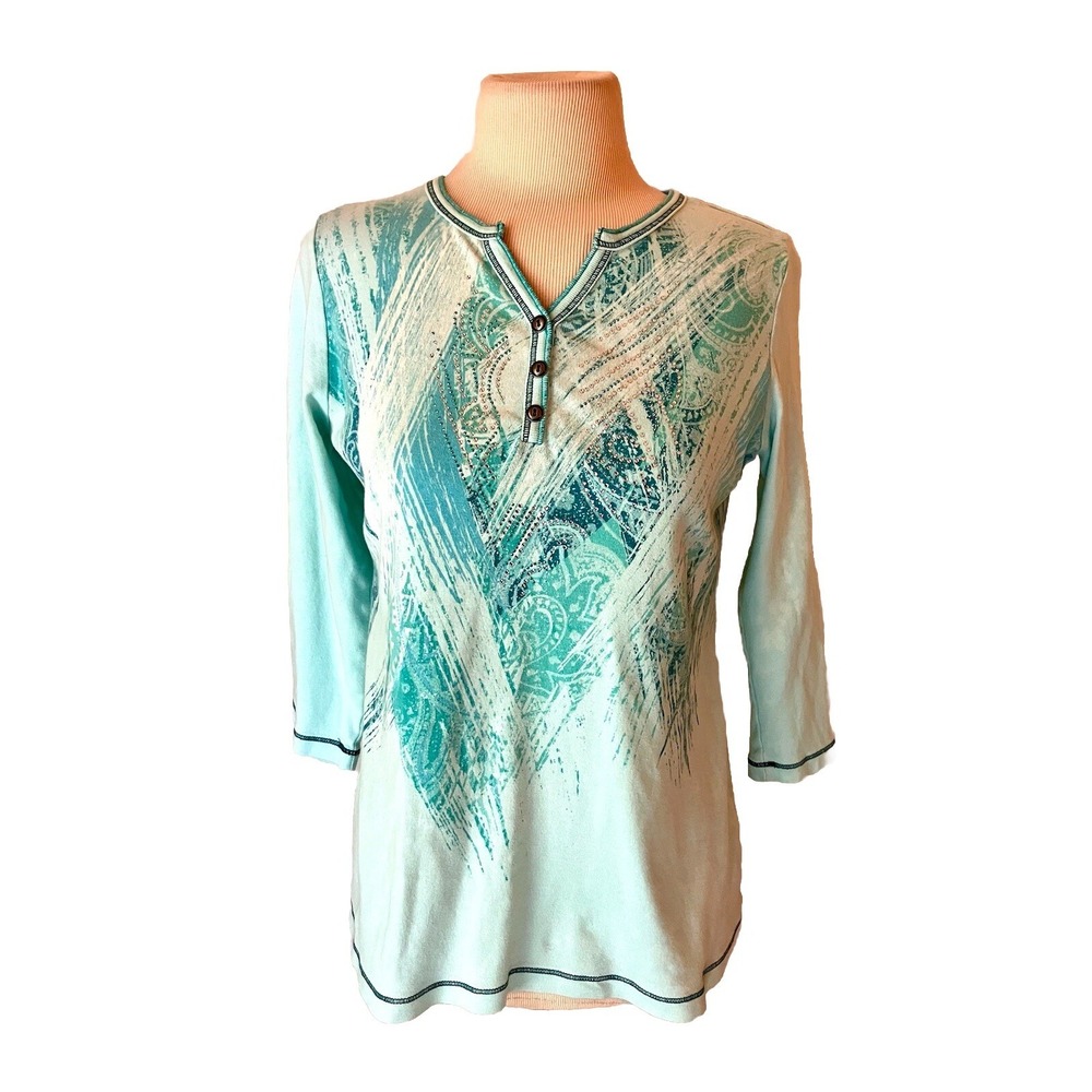 Christopher & Banks Shirt Sz PM Blue Rhinestone T-shirt V NECK Coastal